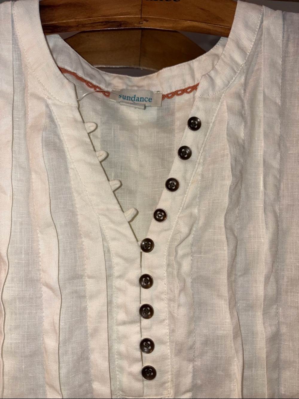 Sundance Cream colored Sleeveless Pintuck Linen top with Button Placket - Picture 6 of 9